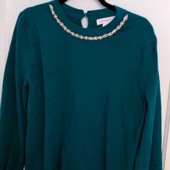 Liz Claiborne Size L Green Top with Rhinestone Faux Pearl Neckline - Picture 1 of 6